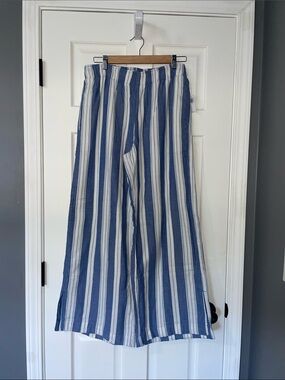 Blue and White Vertical Stripe Hi-Rise Wide-Leg Gauze Pants